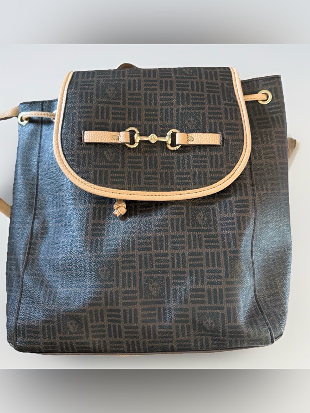 Anne Klein Brown Monogram Backpack Purse Gold Hardware Drawstring